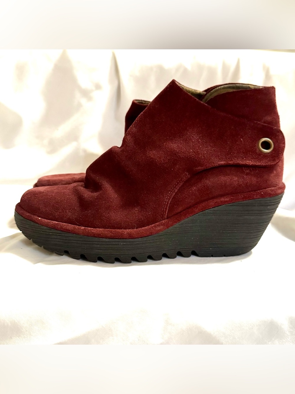 Fly London Yama Burgundy Suede Wedge Ankle Boots.